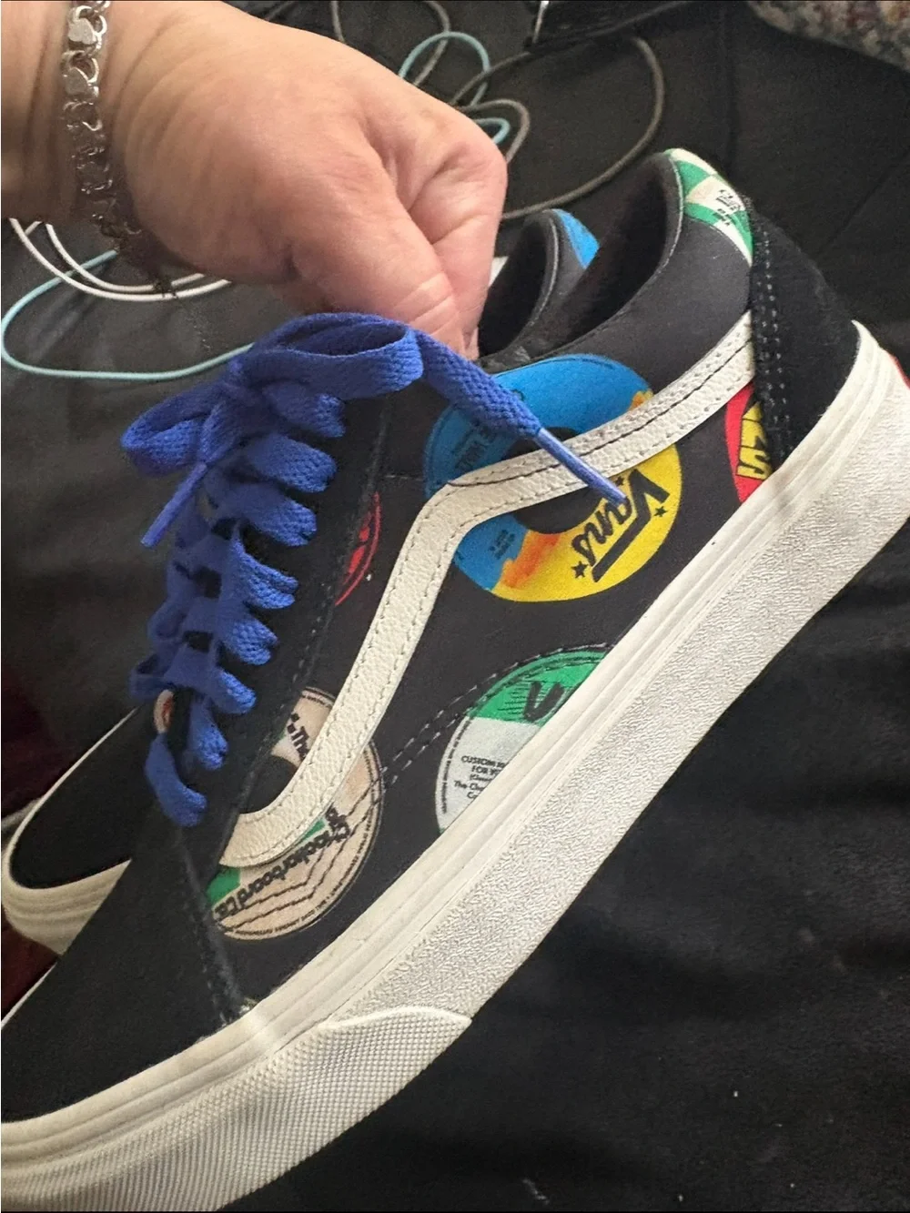 Vans Kids Black Skate Shoes with Blue Laces
